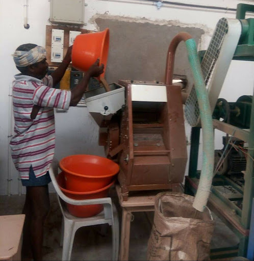 farmer pouring millets in machine