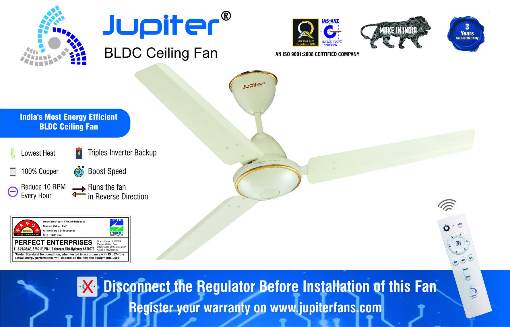 “Your electricity bill can be reduced by 70% at full speed; and can go as far as 1200% at lower speeds with inverter drive technology of Jupiter fans”