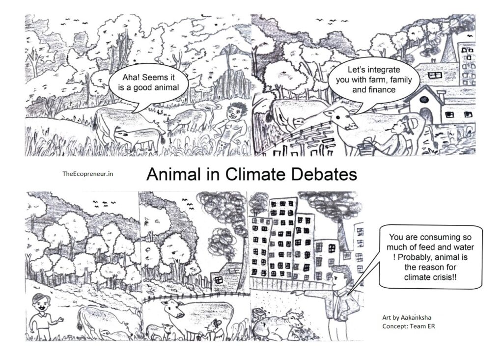Animal in climate debates!
Three pictures of the story board telling three different versions of animal husbandry.

1.Aha! Seems a good animal!

2. Let's Integrate it with farm, family & finance!

3. You are consuming so much of water and feed ..probably, you are the reason behind entire climate crisis..

Whether animal husbandry or the way how we are growing them is a problem?